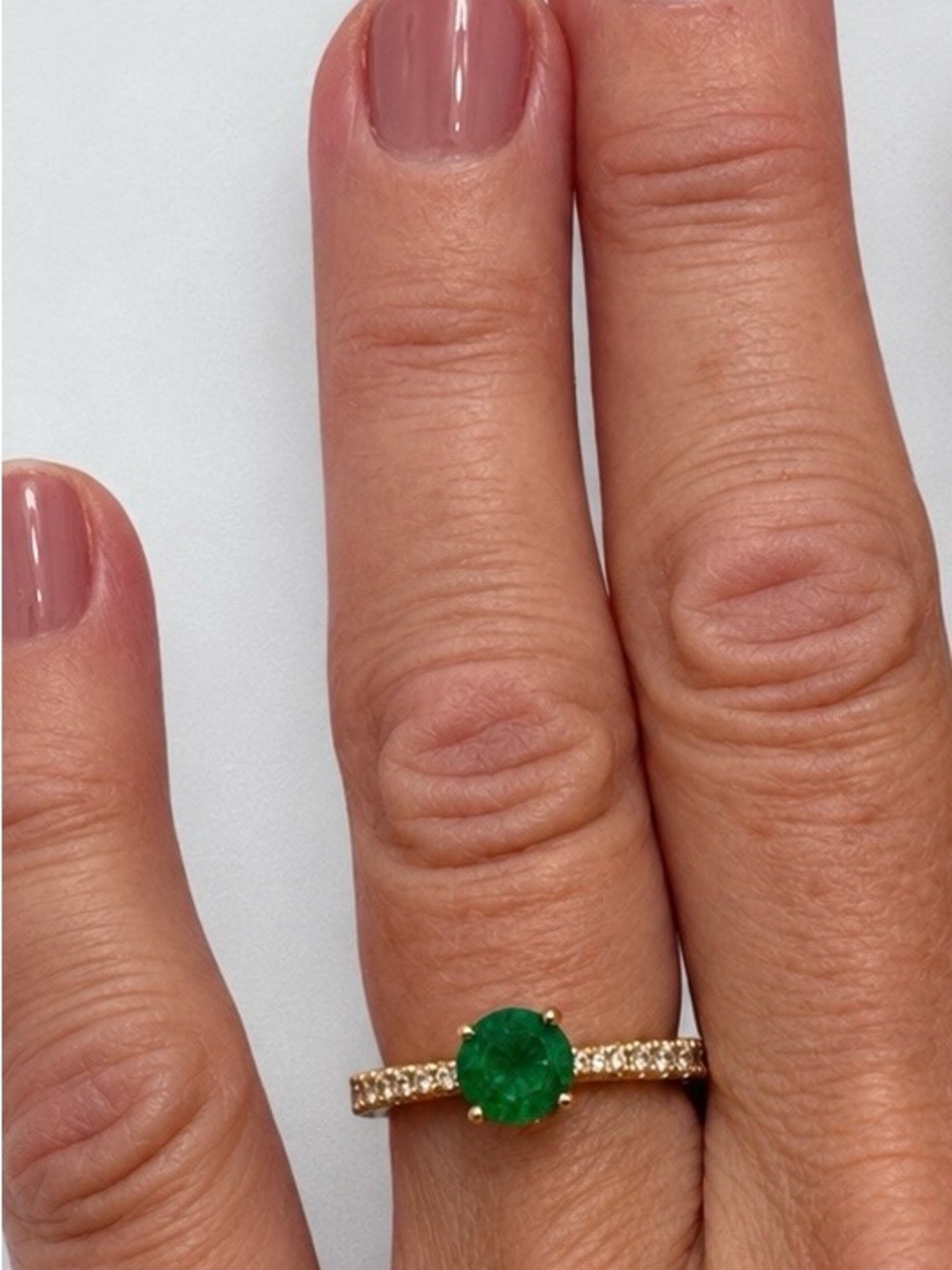14K Gold Ring with Emerald Center and Pavé Band